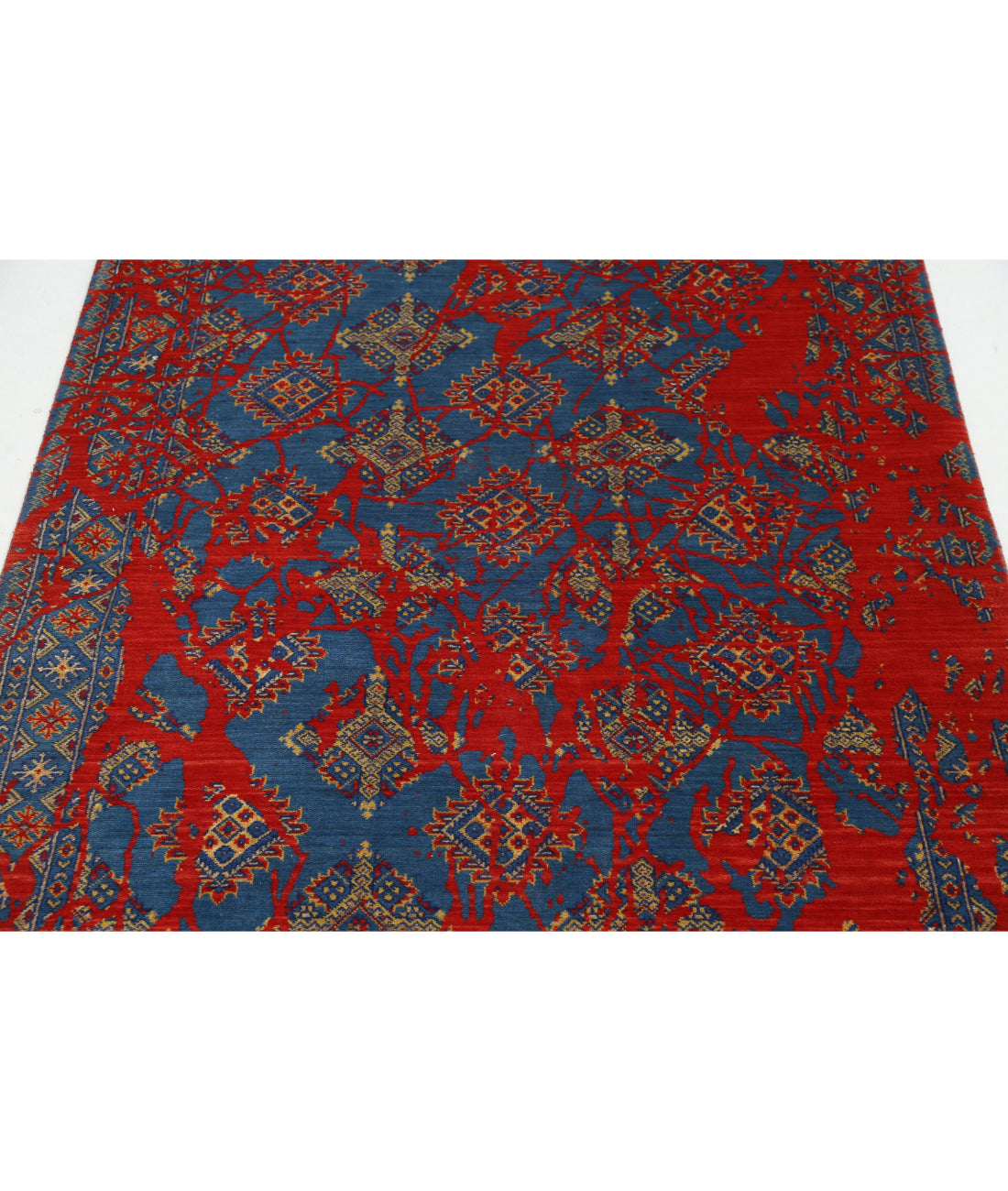 Ajrak Wool & Bamboo Silk Rug - 4'0'' x 6'0'' 4'0'' x 6'0'' (120 X 180) / Red / Blue