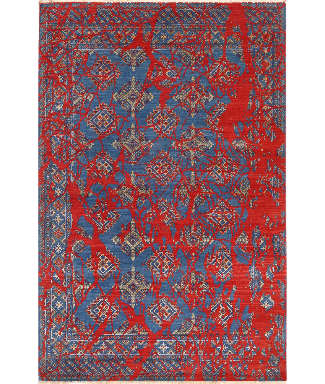 Ajrak Wool &amp; Bamboo Silk Rug - 4&#39;0&#39;&#39; x 6&#39;0&#39;&#39; 4&#39;0&#39;&#39; x 6&#39;0&#39;&#39; (120 X 180) / Red / Blue