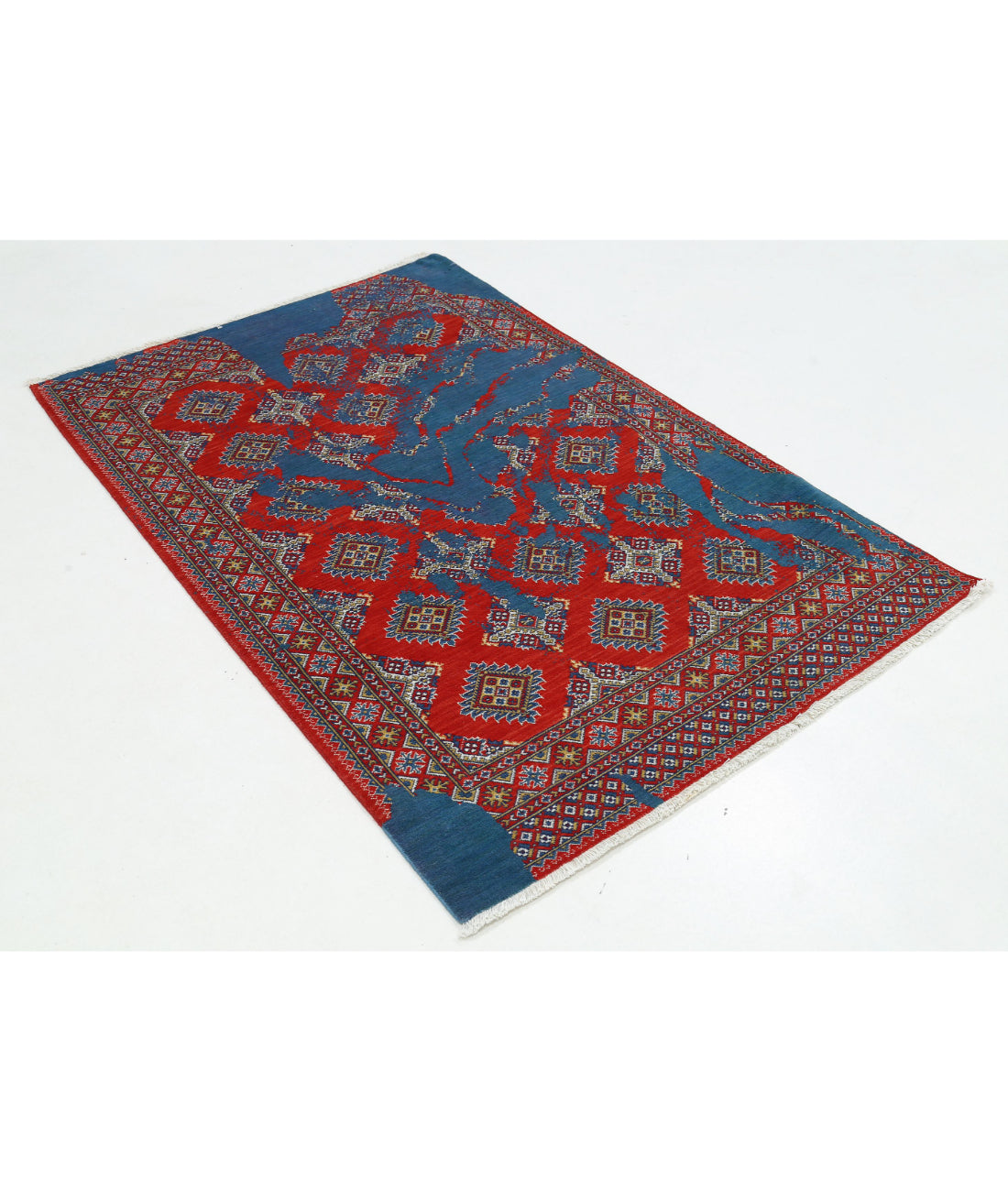 Ajrak Wool & Bamboo Silk Rug - 3'11'' x 6'1'' 3'11'' x 6'1'' (118 X 183) / Blue / Red