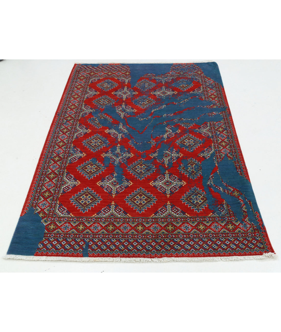 Ajrak Wool & Bamboo Silk Rug - 3'11'' x 6'1'' 3'11'' x 6'1'' (118 X 183) / Blue / Red