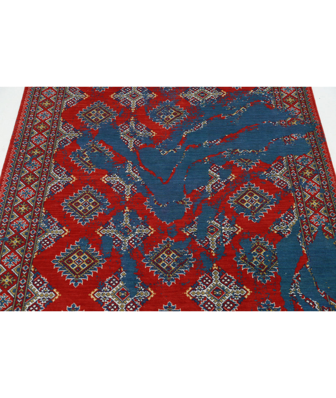 Ajrak Wool & Bamboo Silk Rug - 3'11'' x 6'1'' 3'11'' x 6'1'' (118 X 183) / Blue / Red