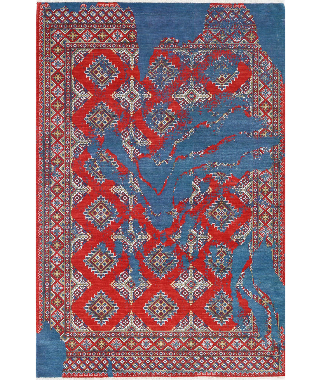 Ajrak Wool & Bamboo Silk Rug - 3'11'' x 6'1'' 3'11'' x 6'1'' (118 X 183) / Blue / Red