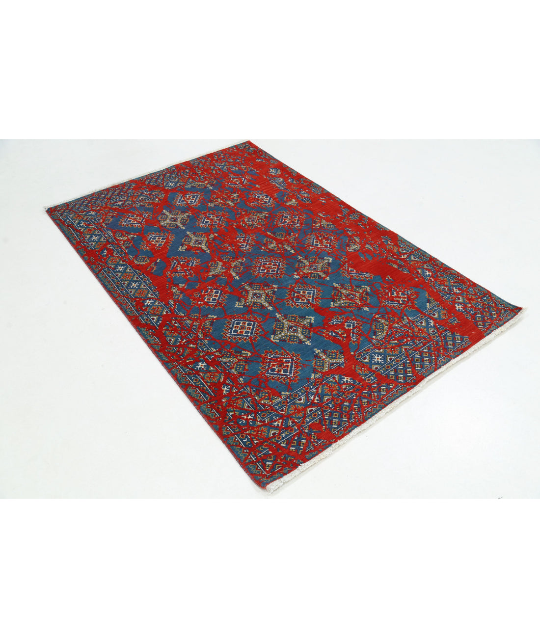 Ajrak Wool & Bamboo Silk Rug - 3'11'' x 6'0'' 3'11'' x 6'0'' (118 X 180) / Red / Blue