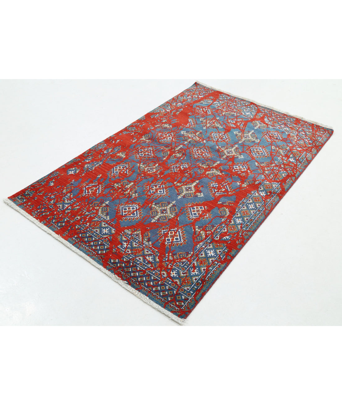 Ajrak Wool & Bamboo Silk Rug - 3'11'' x 6'0'' 3'11'' x 6'0'' (118 X 180) / Red / Blue