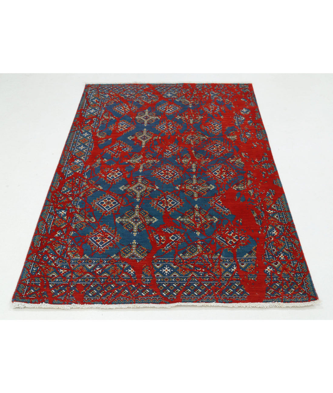Ajrak Wool & Bamboo Silk Rug - 3'11'' x 6'0'' 3'11'' x 6'0'' (118 X 180) / Red / Blue