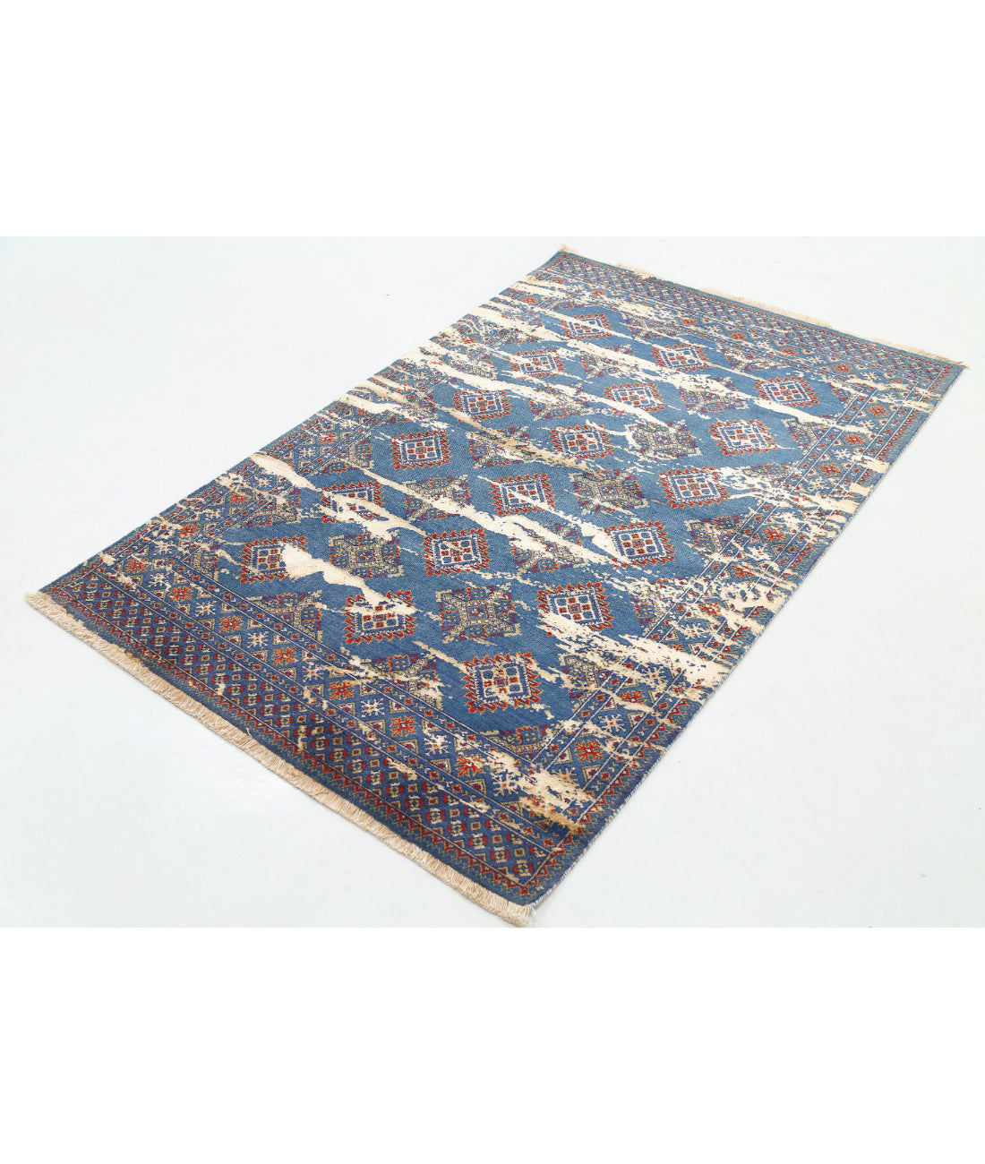 Ajrak Wool & Bamboo Silk Rug - 4'0'' x 6'1'' 4'0'' x 6'1'' (120 X 183) / Blue / Red