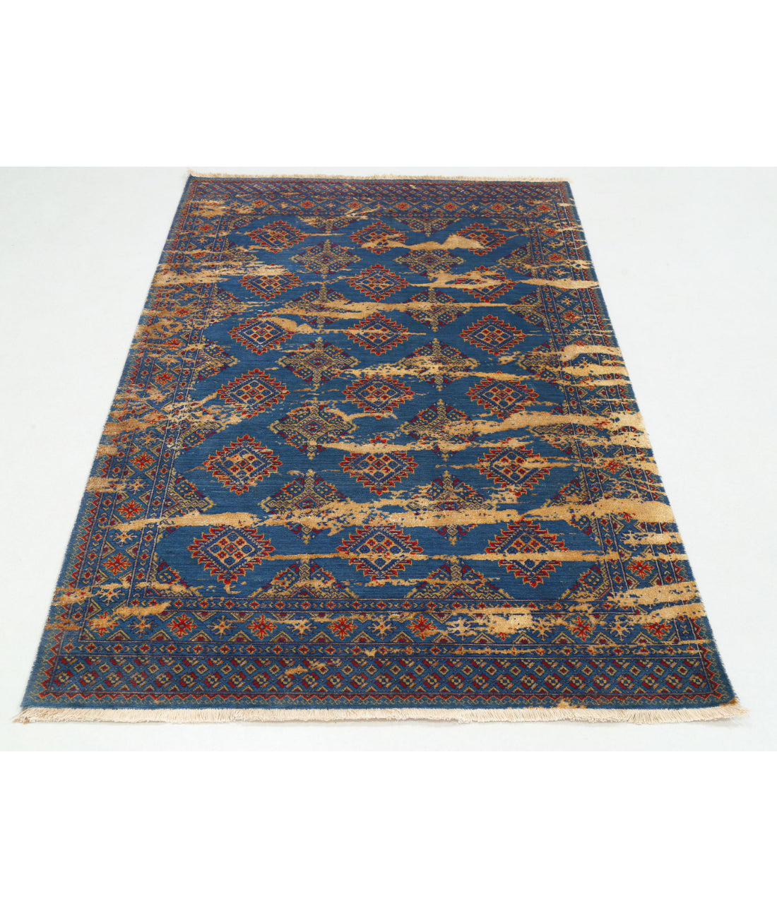 Ajrak Wool & Bamboo Silk Rug - 4'0'' x 6'1'' 4'0'' x 6'1'' (120 X 183) / Blue / Red