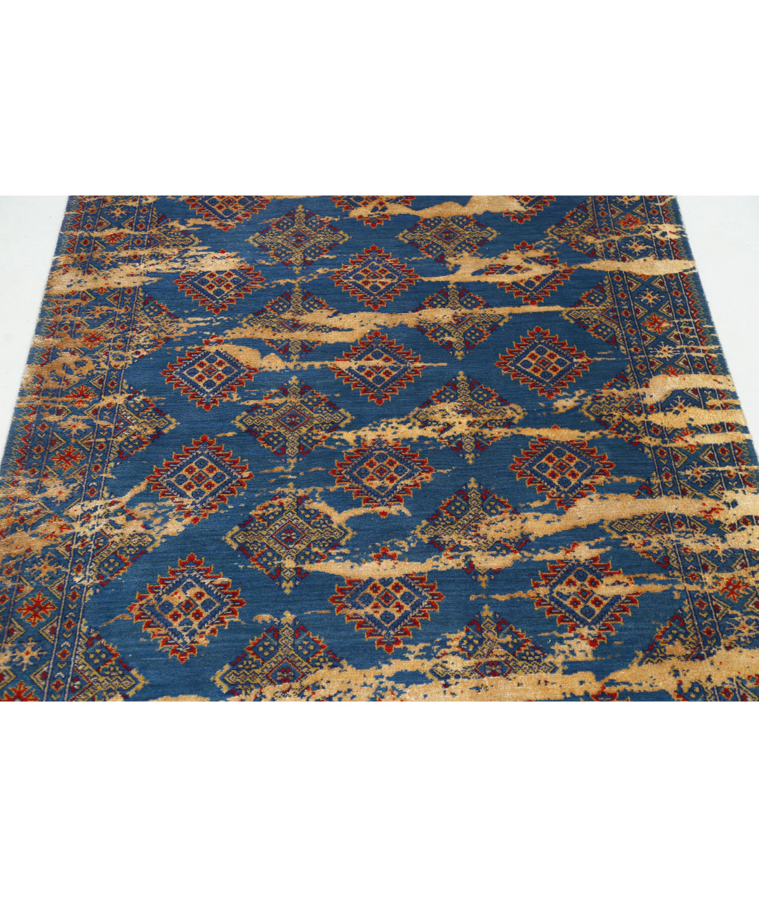 Ajrak Wool & Bamboo Silk Rug - 4'0'' x 6'1'' 4'0'' x 6'1'' (120 X 183) / Blue / Red