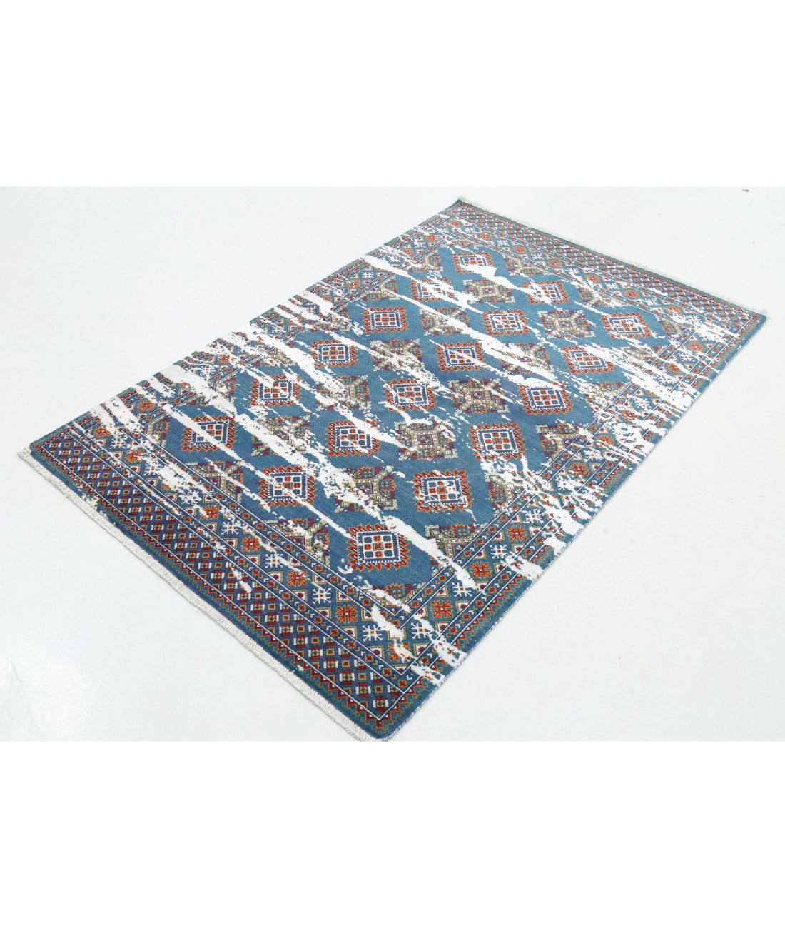 Ajrak Wool & Bamboo Silk Rug - 4'0'' x 6'1'' 4'0'' x 6'1'' (120 X 183) / Blue / Red