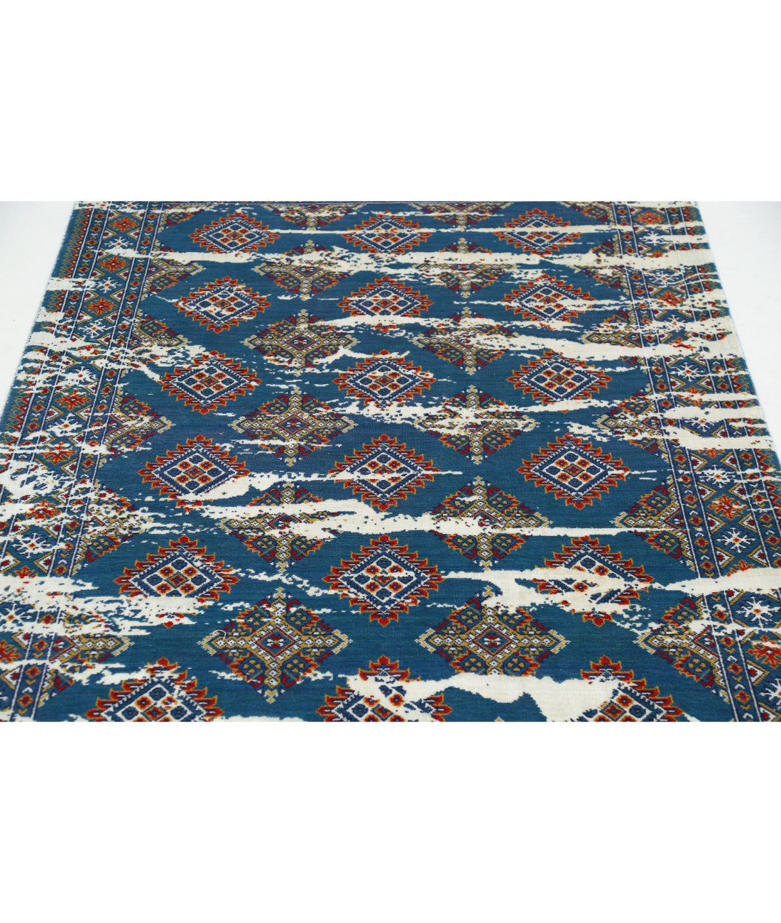 Ajrak Wool & Bamboo Silk Rug - 4'0'' x 6'1'' 4'0'' x 6'1'' (120 X 183) / Blue / Red
