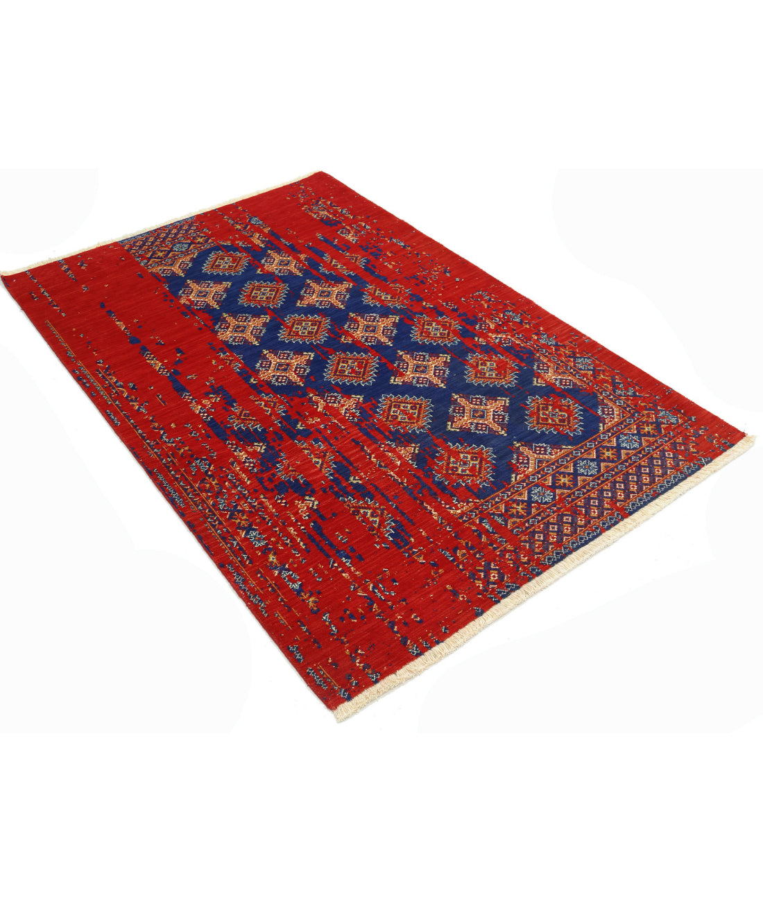 Ajrak Wool & Bamboo Silk Rug - 3'11'' x 6'0'' 3'11'' x 6'0'' (118 X 180) / Red / Blue