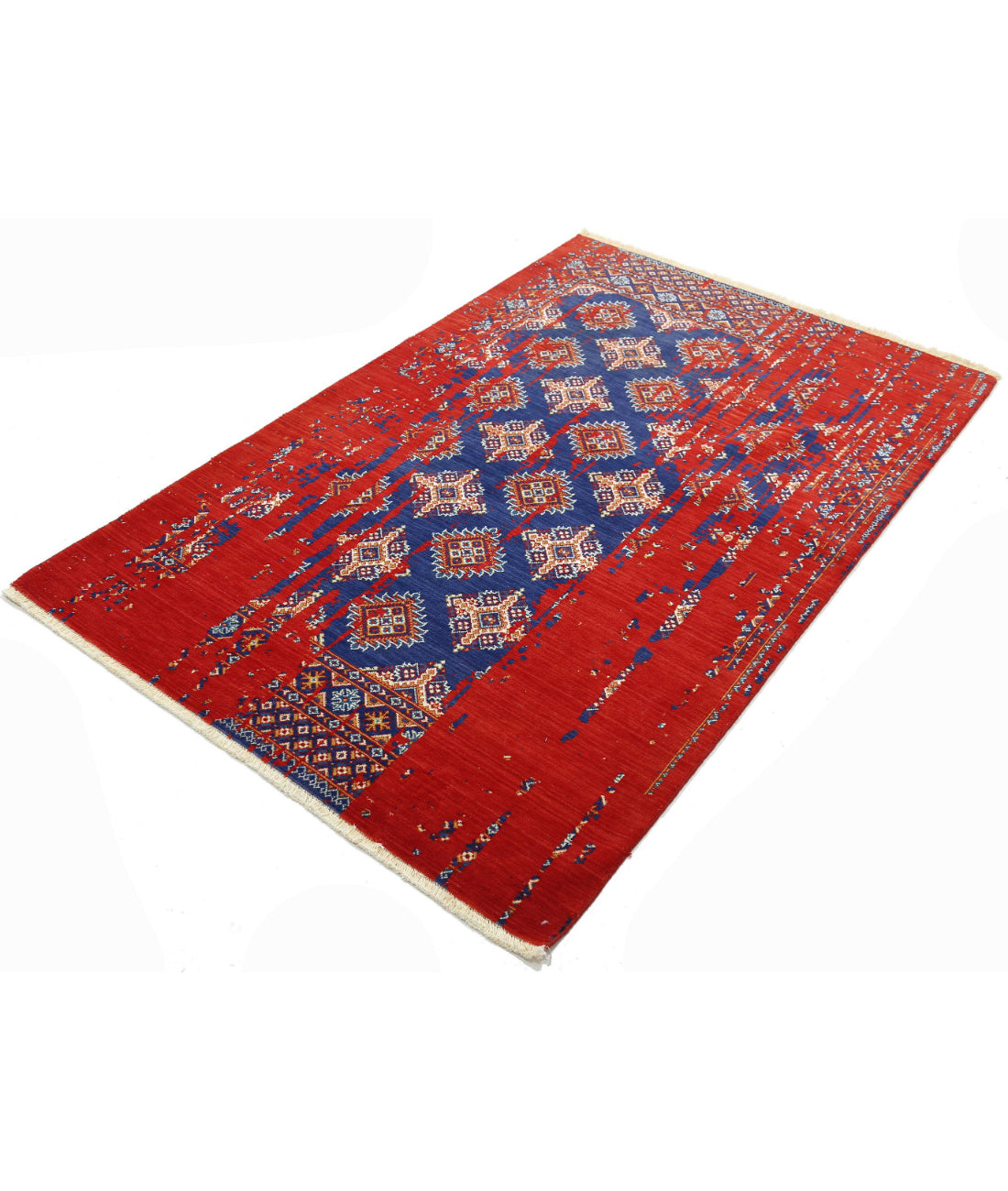 Ajrak Wool & Bamboo Silk Rug - 3'11'' x 6'0'' 3'11'' x 6'0'' (118 X 180) / Red / Blue