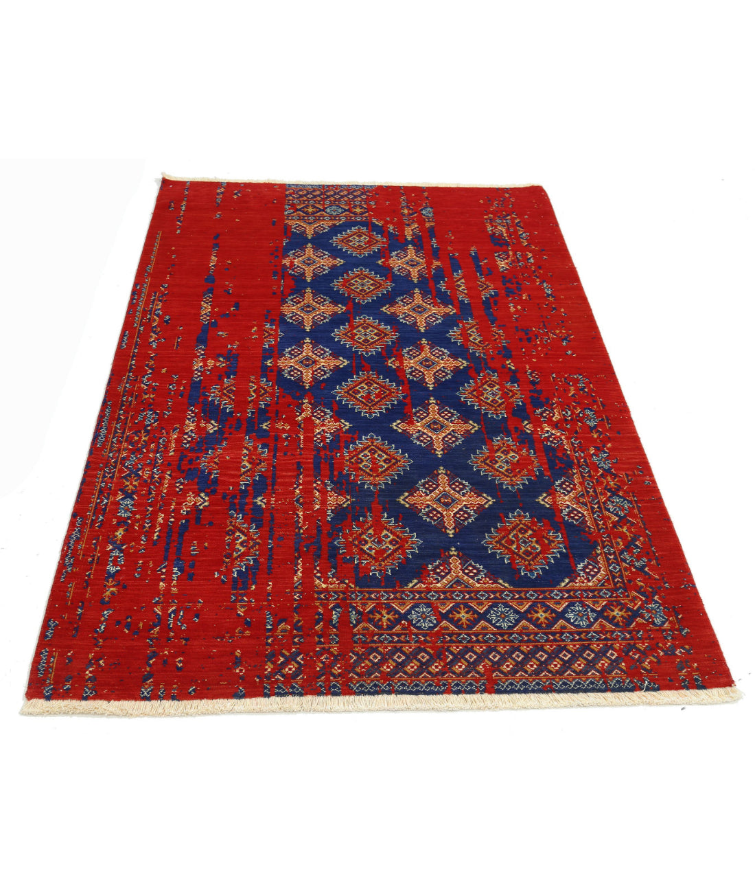 Ajrak Wool & Bamboo Silk Rug - 3'11'' x 6'0'' 3'11'' x 6'0'' (118 X 180) / Red / Blue