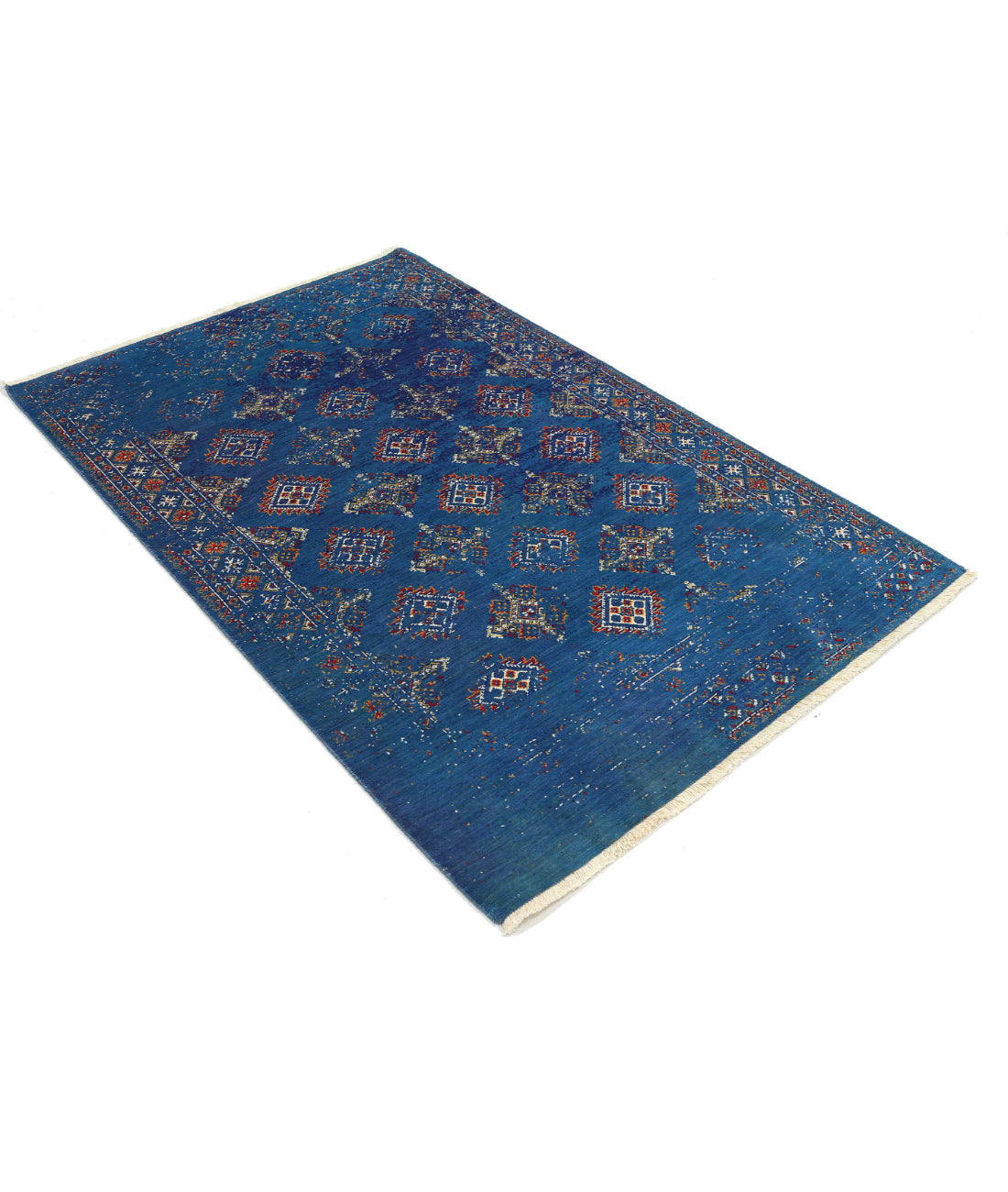 Ajrak Wool & Bamboo Silk Rug - 4'0'' x 6'0'' 4'0'' x 6'0'' (120 X 180) / Blue / Ivory