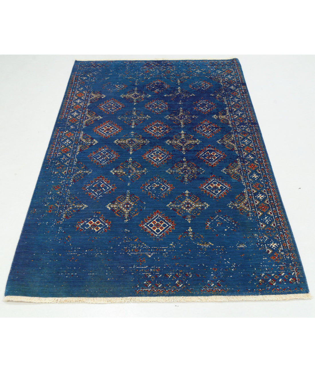 Ajrak Wool & Bamboo Silk Rug - 4'0'' x 6'0'' 4'0'' x 6'0'' (120 X 180) / Blue / Ivory