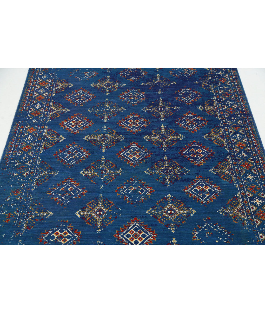 Ajrak Wool & Bamboo Silk Rug - 4'0'' x 6'0'' 4'0'' x 6'0'' (120 X 180) / Blue / Ivory