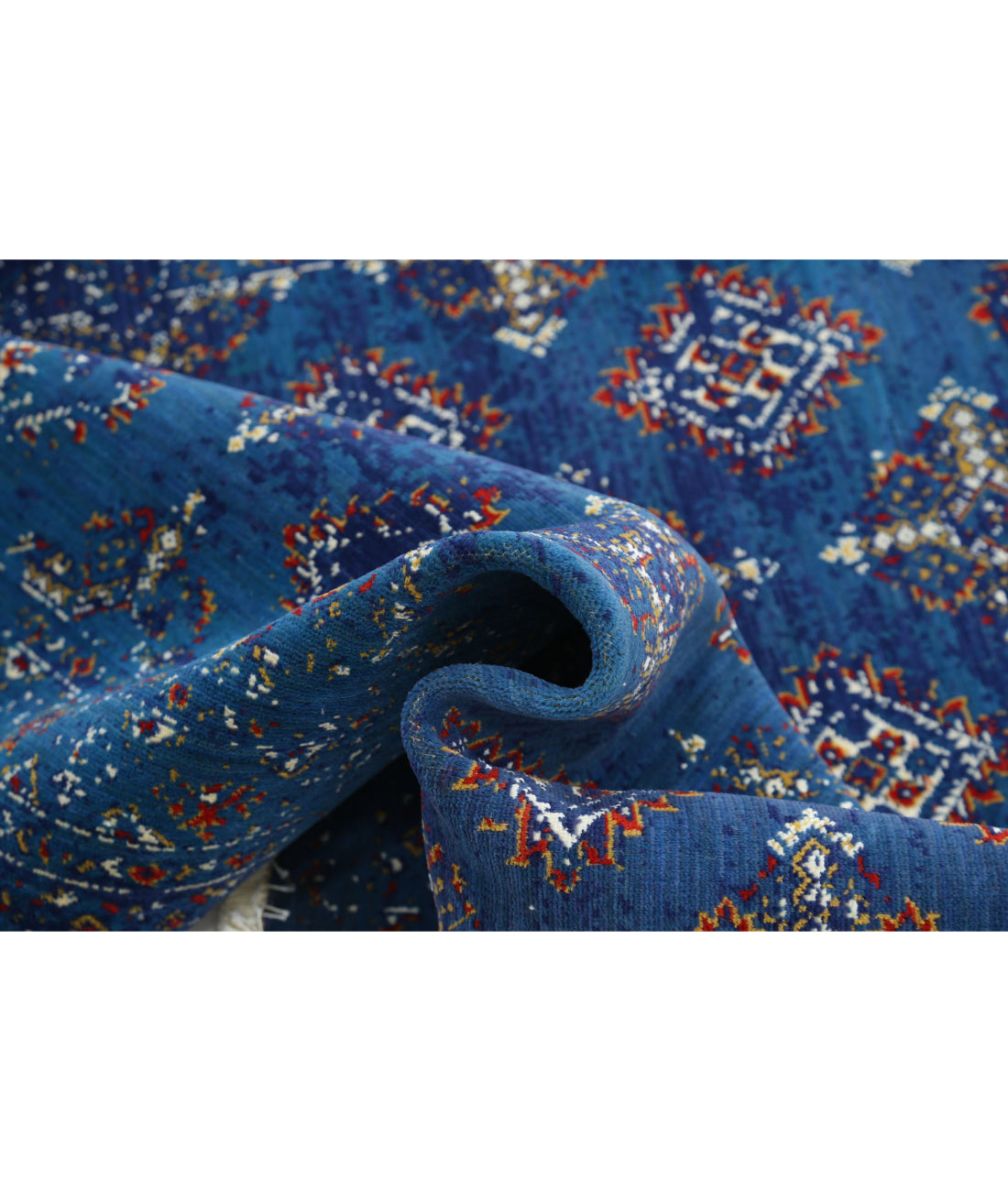 Ajrak Wool & Bamboo Silk Rug - 4'0'' x 6'0'' 4'0'' x 6'0'' (120 X 180) / Blue / Ivory