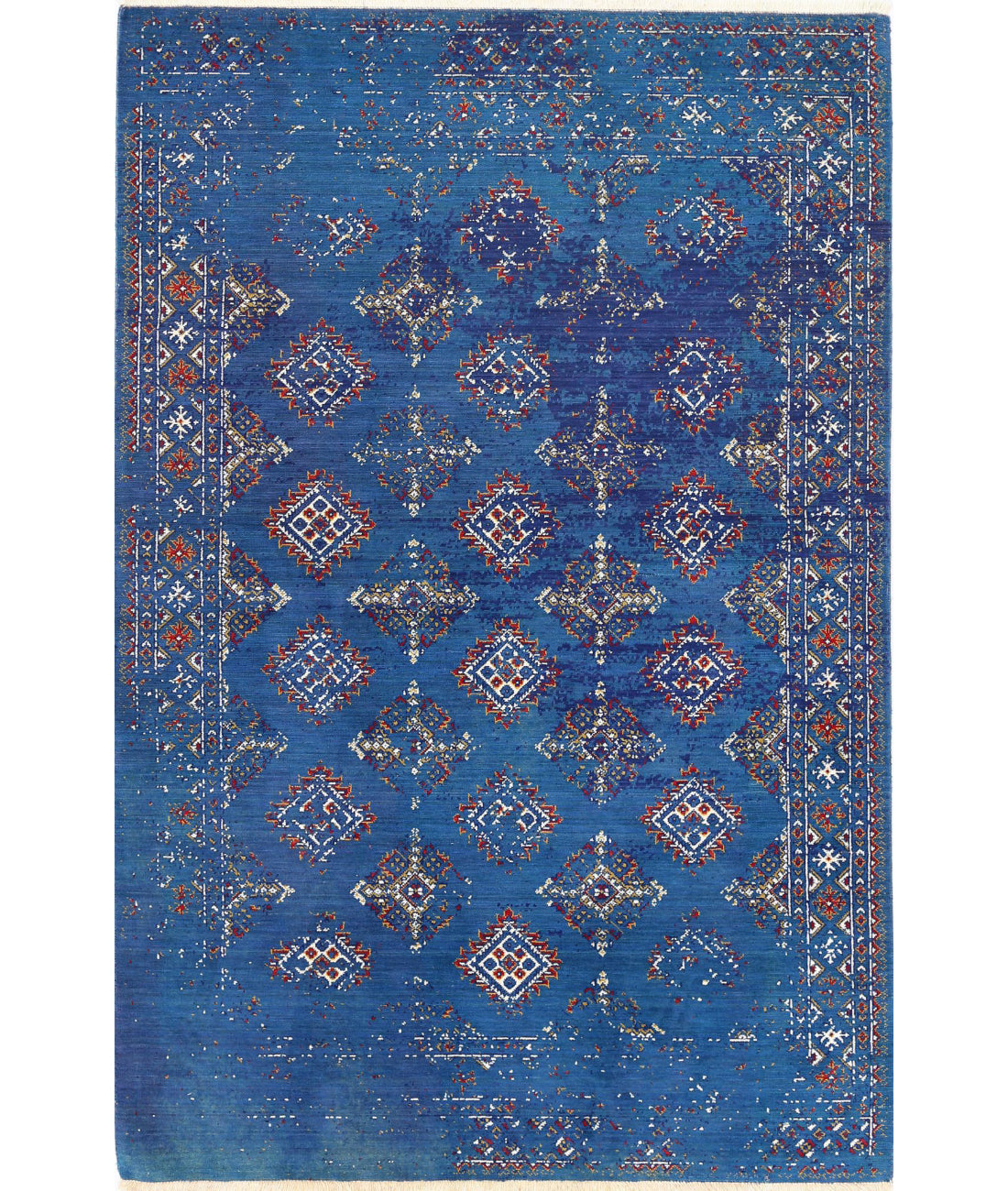 Ajrak Wool & Bamboo Silk Rug - 4'0'' x 6'0'' 4'0'' x 6'0'' (120 X 180) / Blue / Ivory