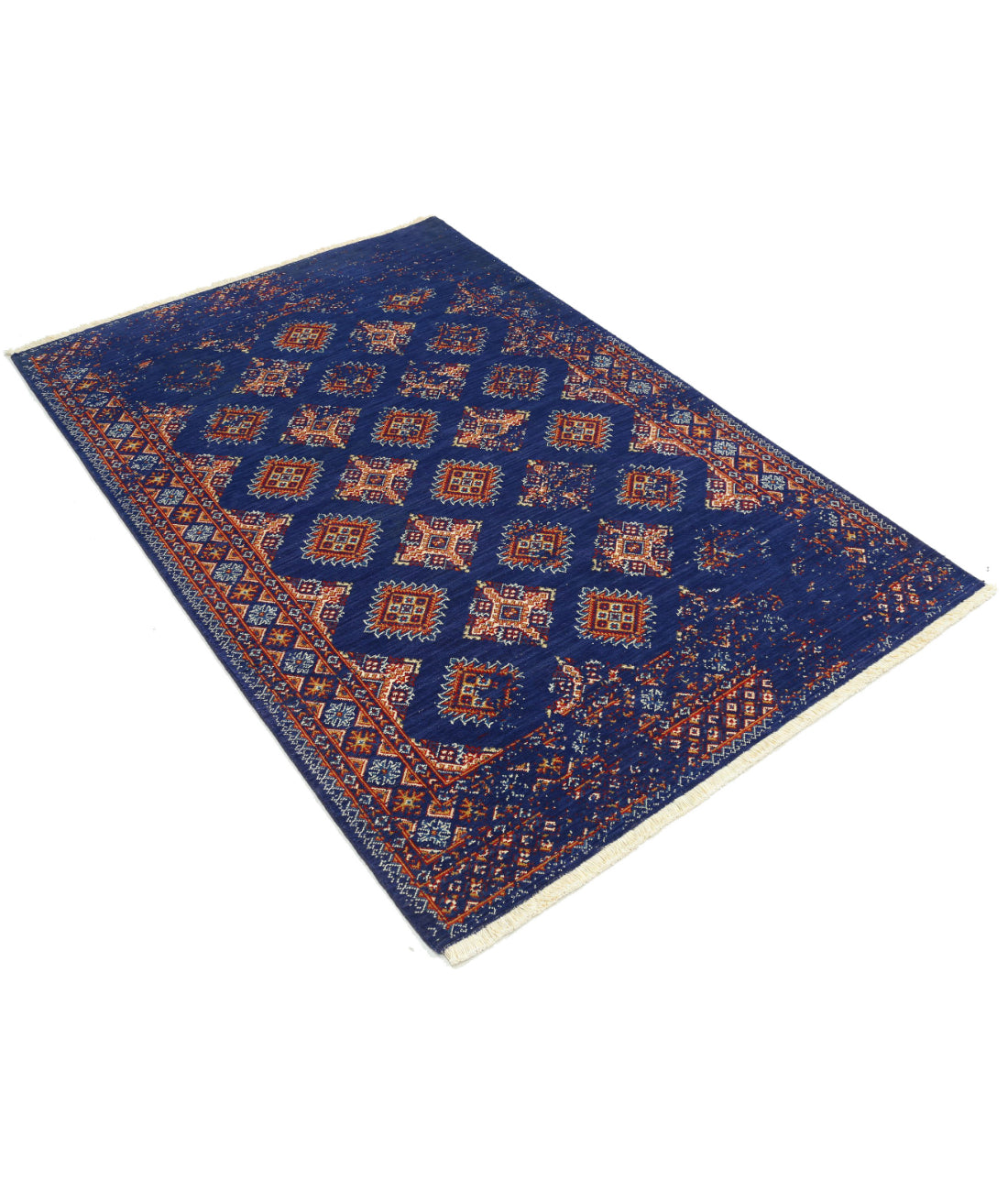 Ajrak Wool & Bamboo Silk Rug - 4'0'' x 6'0'' 4'0'' x 6'0'' (120 X 180) / Blue / Red