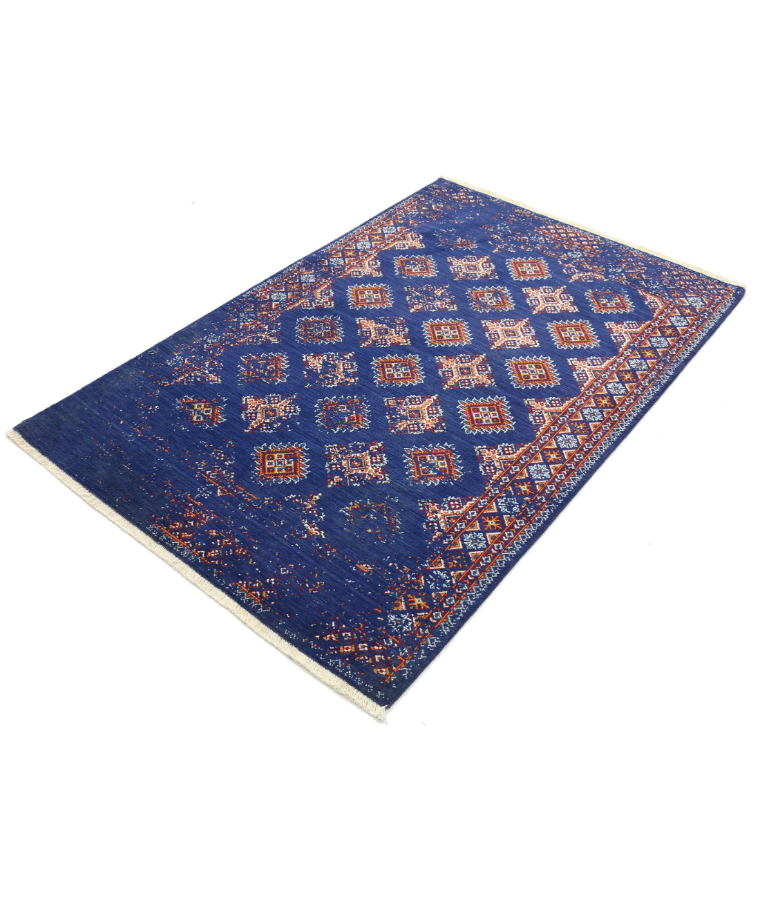 Ajrak Wool & Bamboo Silk Rug - 4'0'' x 6'0'' 4'0'' x 6'0'' (120 X 180) / Blue / Red