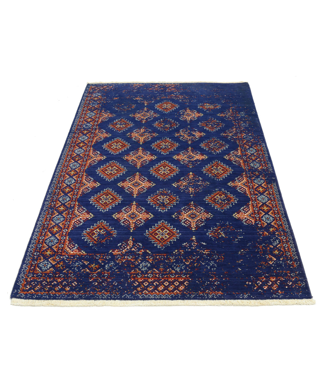 Ajrak Wool & Bamboo Silk Rug - 4'0'' x 6'0'' 4'0'' x 6'0'' (120 X 180) / Blue / Red