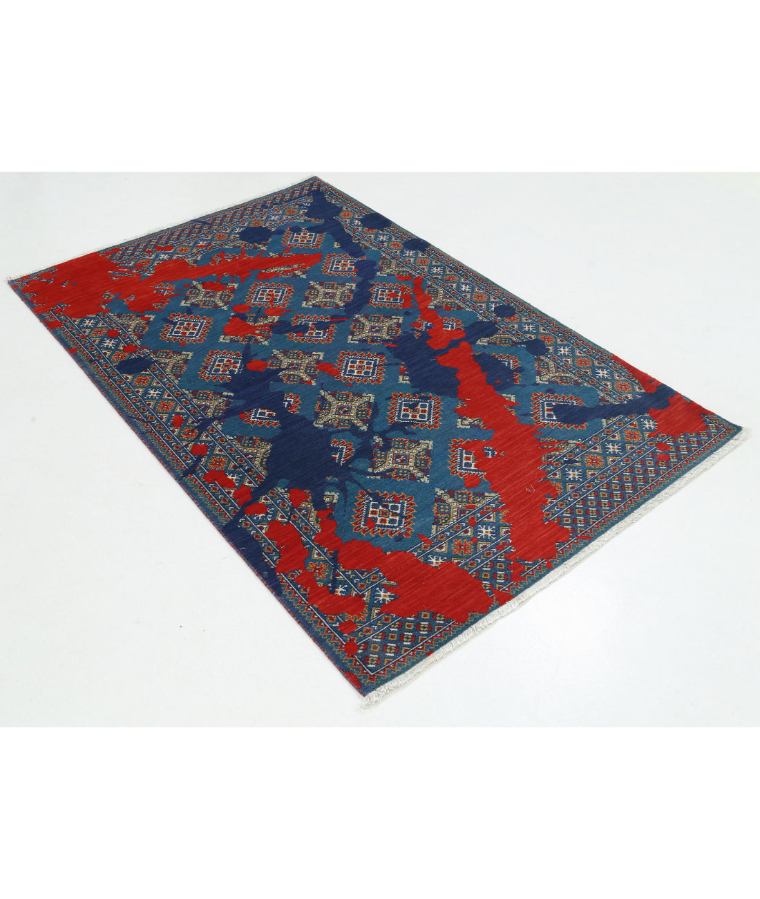 Ajrak Wool & Bamboo Silk Rug - 3'7'' x 6'1'' 3'7'' x 6'1'' (108 X 183) / Blue / Red