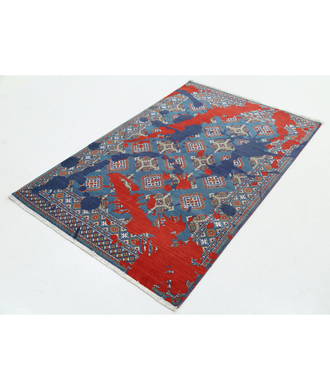 Ajrak Wool & Bamboo Silk Rug - 3'7'' x 6'1'' 3'7'' x 6'1'' (108 X 183) / Blue / Red