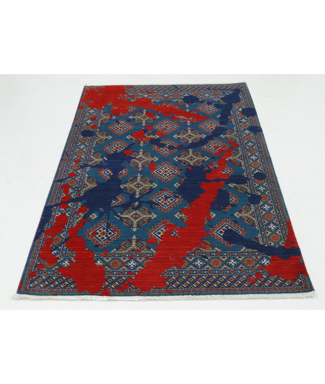 Ajrak Wool & Bamboo Silk Rug - 3'7'' x 6'1'' 3'7'' x 6'1'' (108 X 183) / Blue / Red