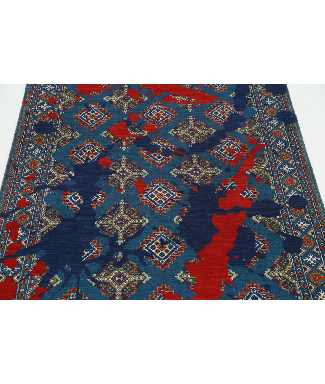 Ajrak Wool & Bamboo Silk Rug - 3'7'' x 6'1'' 3'7'' x 6'1'' (108 X 183) / Blue / Red