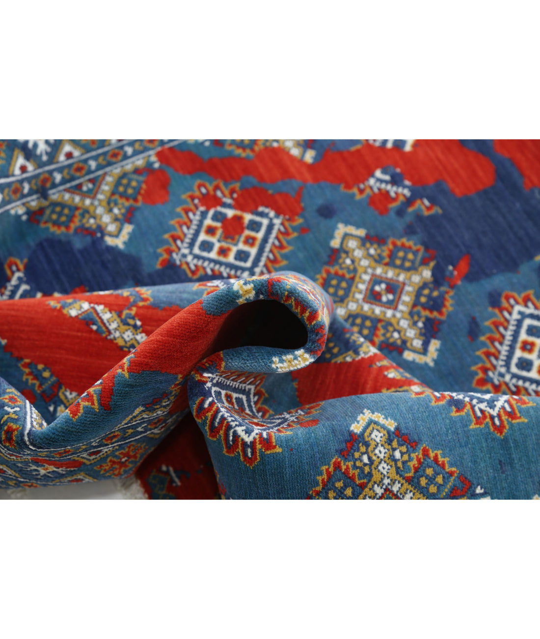 Ajrak Wool & Bamboo Silk Rug - 3'7'' x 6'1'' 3'7'' x 6'1'' (108 X 183) / Blue / Red