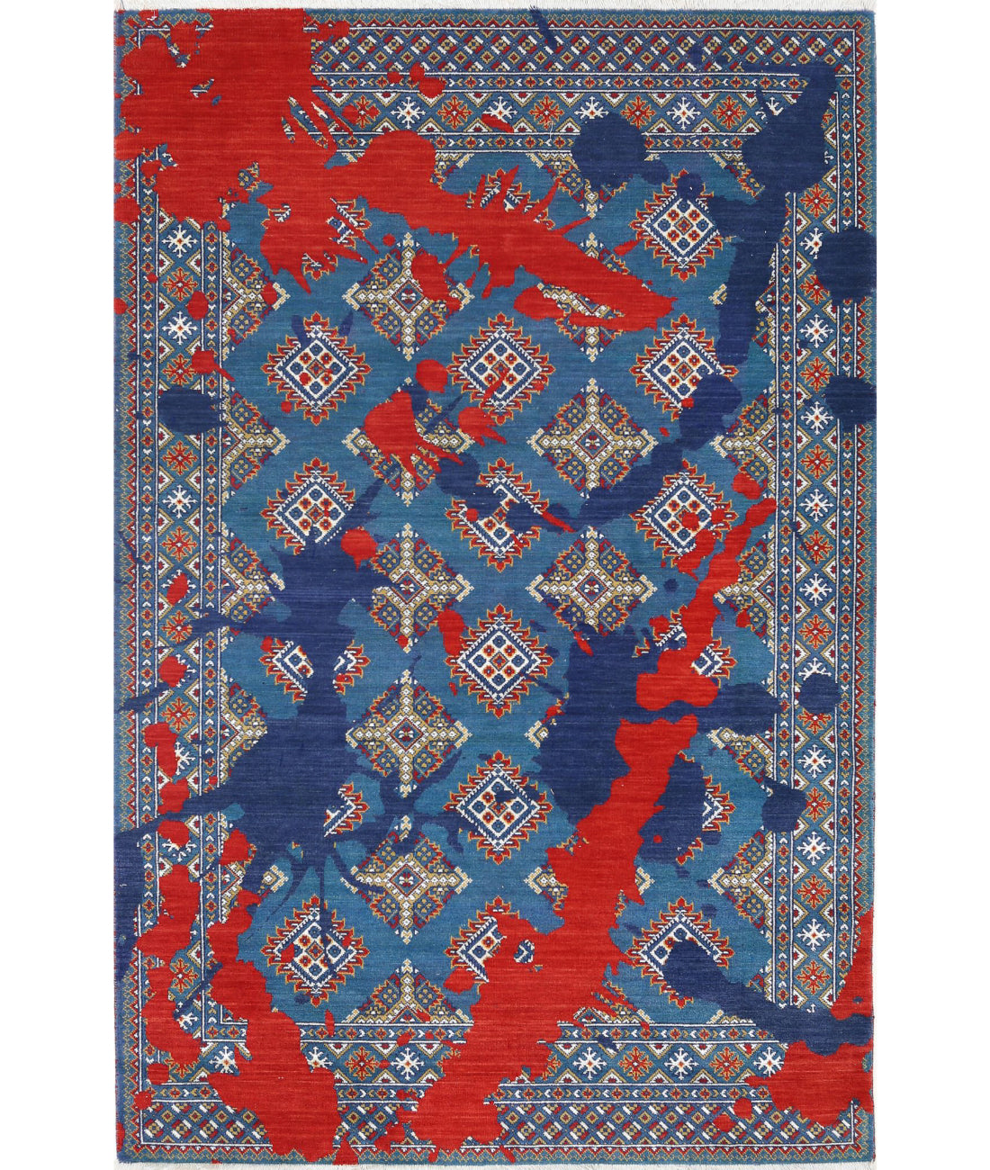 Ajrak Wool & Bamboo Silk Rug - 3'7'' x 6'1'' 3'7'' x 6'1'' (108 X 183) / Blue / Red