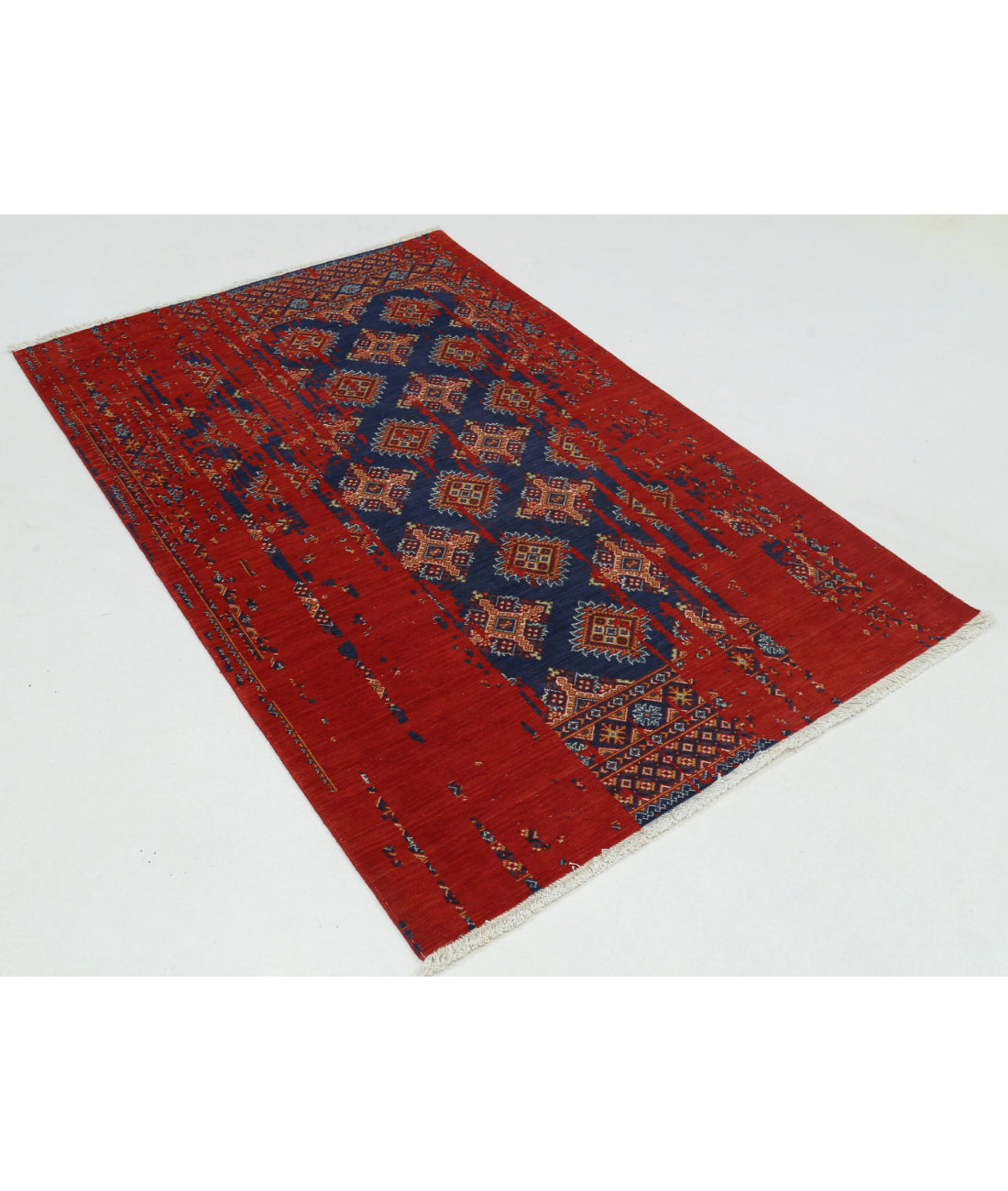 Ajrak Wool & Bamboo Silk Rug - 4'0'' x 6'0'' 4'0'' x 6'0'' (120 X 180) / Red / Blue