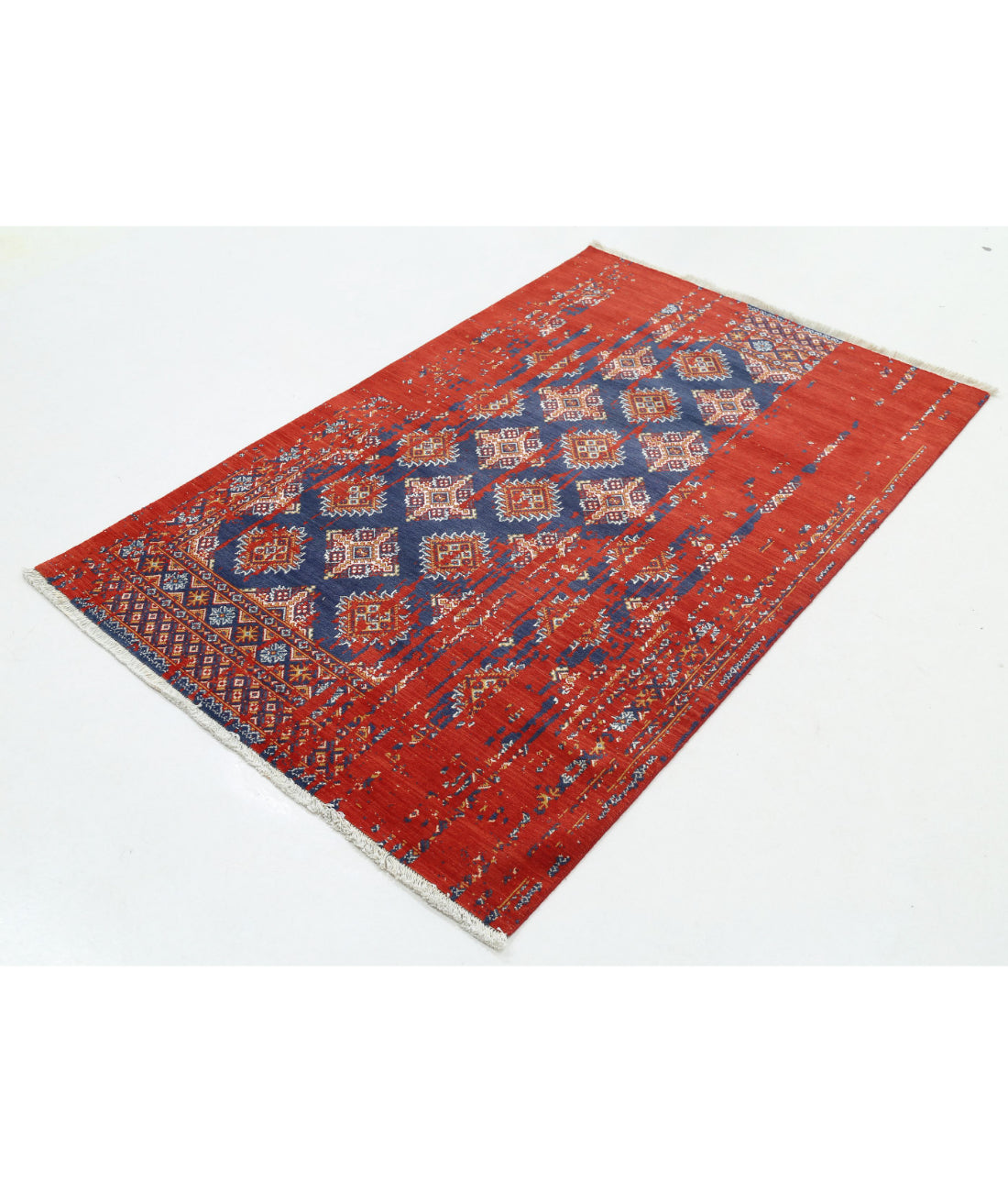 Ajrak Wool & Bamboo Silk Rug - 4'0'' x 6'0'' 4'0'' x 6'0'' (120 X 180) / Red / Blue