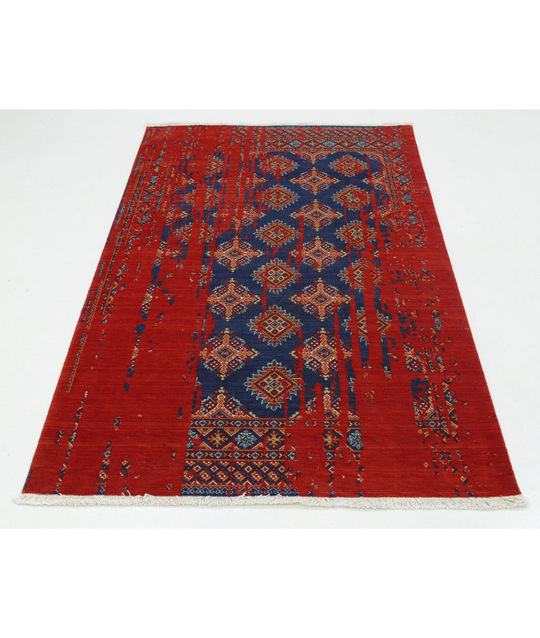 Ajrak Wool & Bamboo Silk Rug - 4'0'' x 6'0'' 4'0'' x 6'0'' (120 X 180) / Red / Blue