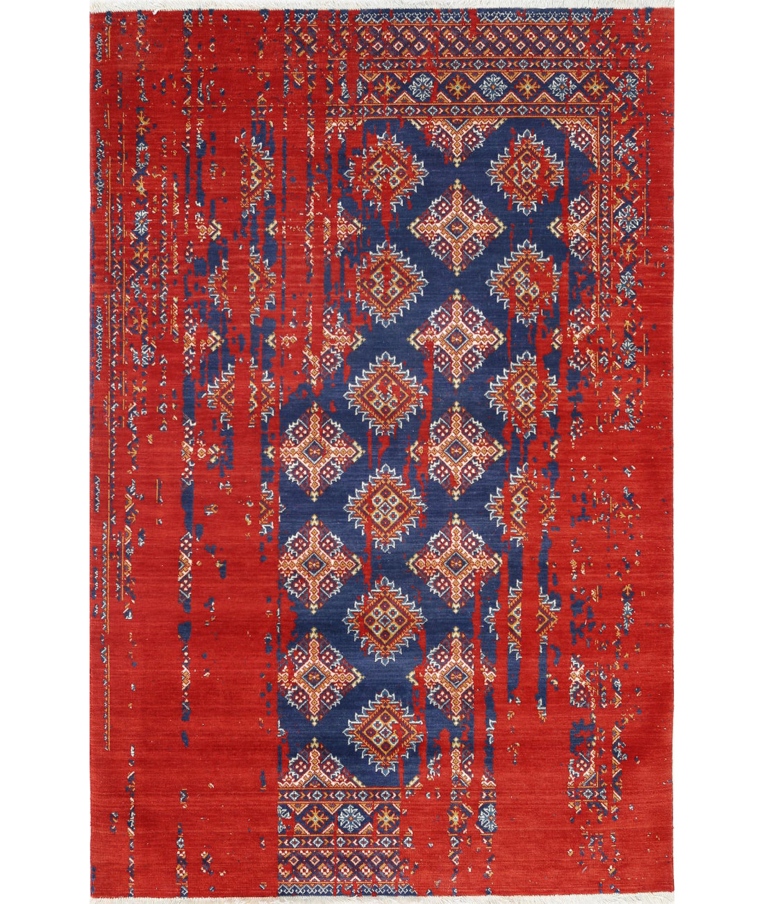 Ajrak Wool &amp; Bamboo Silk Rug - 4&#39;0&#39;&#39; x 6&#39;0&#39;&#39; 4&#39;0&#39;&#39; x 6&#39;0&#39;&#39; (120 X 180) / Red / Blue